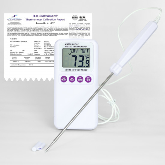 Bel-Art H-B DURAC Calibrated Electronic Thermometer with Stainless Steel Probe; -50/200C (-58/392F), 135 x 22mm Bel-Art H-B DURAC Calibrated Electronic Thermometer with Stainless Steel Probe; -50/200C (-58/392F), 135 x 22mm