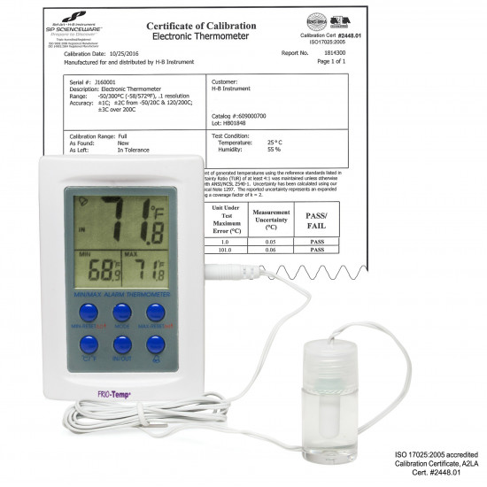 Bel-Art H-B Frio Temp Calibrated Dual Zone Electronic Verification Thermometer; -50/70C (-58/158F) and 0/50C (32/122F); General Calibration