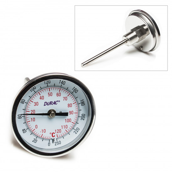 Bel-Art H-B DURAC Bi-Metallic Dial Thermometer; -20 to 120C (0 to 250F), 1/2 in. NPT Threaded Connection, 75mm Dial